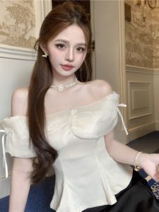 GUZILIAN | Elegant French Style Womens Shirt Slim Fit Short Sleeve One Shoulder Design Beautiful Waist Cinched Summer Floral Skirt Hem Top