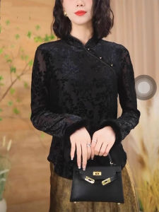 New Chinese Style Slim Fit Velvet Base Shirt Womens Autumn Winter Casual Design Sense Top Small Shirt Long Sleeve round Neck