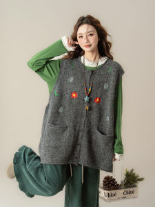 SHANGWEILUO | Áo Len Dệt Kim Thêu Vintage Màu Xám Không T Tay Form Rộng Cho Nữ