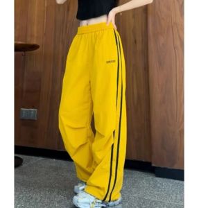 Quần Thể Thao Ống Rộng Nhanh Khô American High Street Sọc Cho Nữ Mùa Hè 2025 Quần Dài Thường Ngày Rộng Rãi Quần Áo Làm Việc