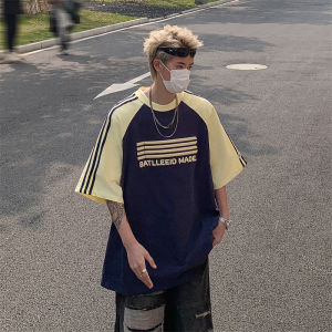 American Style Oversize Striped Short Sleeve T-Shirt Mens Summer Loose Couple Tops Youth Fashion Casual round Neck Tee