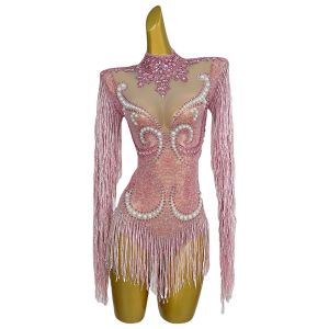 Sparkly Crystals Pearls Tassel Long Sleeves Bodysuit One Piece Tight Fitting Jumpsuit Outfit Dancewear Women Night Club Stage Performance Bodysuit