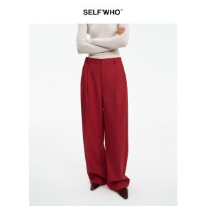 Merino Wool Blend Red Pleated Trousers Casual Wear