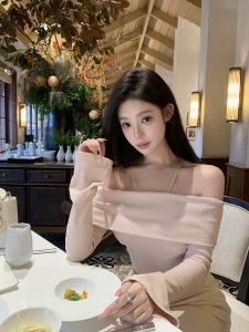 Kubiliv Pure Desire Mesh Neck Hanging One Shoulder Knitted Top Korean Style Slim Fit Long Sleeve Solid Color Commute Wear
