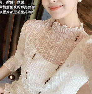 เสื้อเชิ้ตคอปกสูงแขนยาวผ้าลูกไม้ YANGMEI สีพื้น ทรงสลิมฟิต โปร่งแสง ดีไซน์รูปดอกไม้ ทรงหลวม สไตล์ฝรั่งเศส