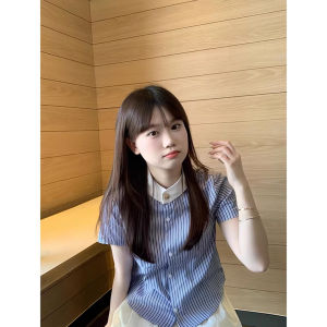 XIANGBAIWEI | Korean Style College Embroidered Blue Striped Short Sleeve Shirt