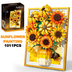 Creative Van Gogh Sunflowers Bouquet Painting Building Blocks Flower Potted Plant Decoration Assemble Bricks Toy For Gift Adult