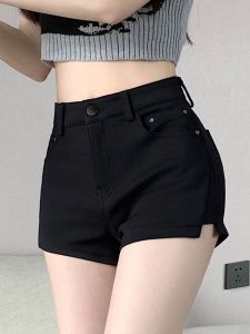 Black High-Waisted Slimming Short Pants for Women Casual Spring Summer Outdoor Wear Hot-Looking Trendy Pocket Design Polyester Fiber