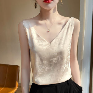 Champagne Embroidered Satin V-neck Sleeveless Summer Top