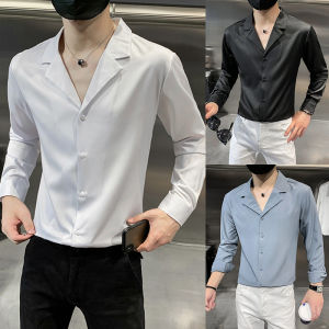 Áo Sơ Mi Nam Cổ Chữ V Dài Tay Ôm Vừa Vặn Chất Liệu Lụa Băng Thời Trang Thu Đông Thường Ngày Không Cần Ủi Thương Hiệu Phổ Biến