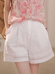 Shalldoer | White Lace Splicing Short Pants Womens Summer New Elastic Waist Wide Leg Casual Pants Fashionable Age Reduction Versatile A-Line