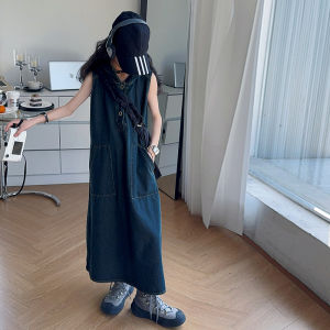 Girls Summer Sleeveless Denim Long Skirt Trendy Big Kids Summer Outfit Korean Style Casual Long Hooded Dress Childrens Clothing
