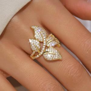 Huitan Leaf Vine Design Women Ring Silver Color/Gold Color Full Bright CZ Fresh Wedding Elegant Jewelry Party Trendy Accessories