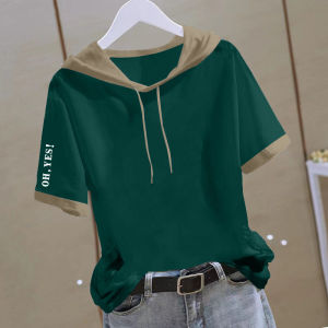 Pure Cotton Hooded Short Sleeve T-Shirt Womens Loose All-Matching Summer Wear New Patchwork Contrast Color Stylish Niche Style Western Style Top