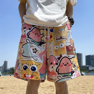 Ice Silk Cartoon Flower Shorts Mens Summer Thin Beach Pants Thai Couple Loose Sports Trendy Ins Shorts