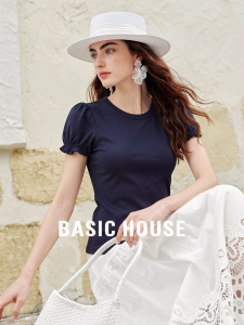 Basic House | Summer Womens Round Neck Short Sleeve T-shirt with Wooden Ear and Puff Sleeves