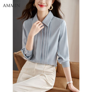 AMMIN เสื้อแฟชั่นคอปก 2023 บรรจุภัณฑ์เสื้อเบลาส์ของแข็งสีโอแอล แขนยาว ดิเอกเดิม ร่วง เสื้อเบลาส์หรูหรา 2023