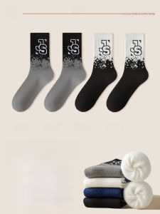 JINGCHI | Mens Mid-Calf Fleece Lined Thickened Sports Socks Cotton Anti-Odor Winter Warm Combed Cotton Gradient Pattern Casual Trendy