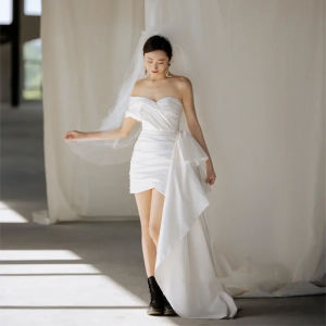 ชุดแต่งงานสไตล์ฝรั่งเศสย้อนยุคแบบเรียบง่าย ชุดคลุมไหล่ ชุดเดินทางกลางแจ้ง ชุดยาว แขนกุด กระโปรงทรงเอ ชุดราตรี