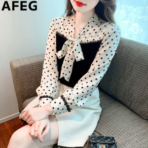AFEG Korean V-neck bow fashion loose temperament silk polka dot splicing velvet long sleeve blouse