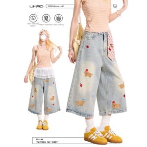 QIANCHANGNAAI | American Retro Dog Embroidery Denim Pants High Waist Loose Slim Culottes