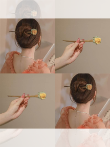 Retro Wooden Hairpin Traditional Chinese Style Bun Hair Accessory for Women Flag Robe Back of Head Hair Styling Tool