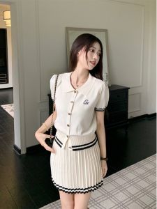 Korean Style Polo Collar Short Sleeve Knitted Top A-Line Mini Skirt Women Summer Fashion Two-Piece Set Thin Nylon Material