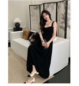 ชุดเดรสสำหรับผู้หญิงชุดเดรสสำหรับขนาดพิเศษเอี๊ยมกระโปรงแขนกุดเอวสูงสีดำฤดูร้อน