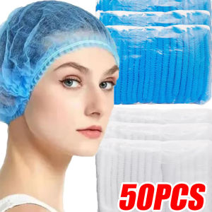 หมวกเชฟทำงานผ้าใยสังเคราะห์แบบใช้แล้วทิ้ง50ชิ้นหมวกความงามอเนกประสงค์หมวกกันฝุ่นยืดหยุ่นระบายอากาศได้ดีหมวกประกอบอาหารผมร่วงอุปกรณ์ครัวอเนกประสงค์สำหรับผู้ชายผู้หญิง