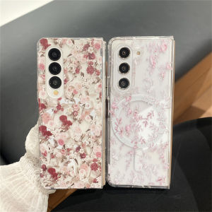 Magnetic Absorption Flower Design Phone Case for Samsung Foldable Screen Mobile Phone Clear Protective Cover with Wireless Charging Stand