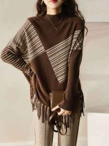 หลวม ผ้าขนสัตว์ถัก เสื้อสเวตเตอร์ สําหรับผู้หญิง คอกลมแขนยาวพิเศษ ความยาวปานกลาง ลำลอง สบาย เสื้อผ้าถัก มีพู่