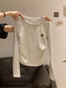 Embroidered Crew Neck Shoulder Long Sleeves T-shirt Womens Autumn Two Sides Pleated Waist Tight Slim Fit Inner Wear Beautiful Bottoming Shirt Tops