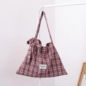 Simple Large Capacity Canvas Shoulder Bag Womens Plaid Korean Style College Class Bag Tote Bag Casual Handbag Shopping Bag