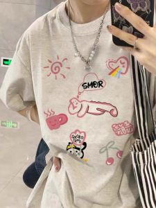 เสื้อยืดแขนสั้นผ้าฝ้ายแท้สไตล์อเมริกันย้อนยุคสำหรับผู้หญิง ทรงหลวม ดีไซน์การ์ตูน ลายการ์ตูน แขนสั้น สำหรับนักเรียน