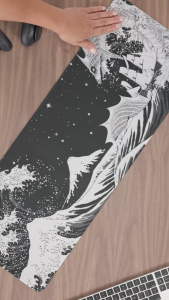 Japanese Sea Wave Dragon Mouse Pad - Black and White Gaming Mouse Mat Stitched Edges Desk Pad 80x30