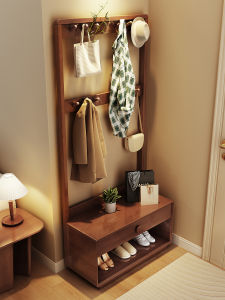 Solid Wood Integrated Bedroom Entrance Hall Multi-Function Storage Rack Coat Stand Shoe Bench Dressing Mirror Combination