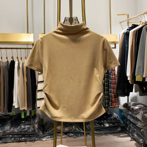 Korean Style Pleated Short Sleeve T-Shirt Womens Base Layer Slimming Half High Collar Top for Autumn Season Ladies Fashion