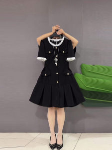 Womens plus Size Color Matching Collar Short Sleeve Waist-Controlled Dress Summer Style for Fat Girls Commute Style Mid Length Long Length Black Dress