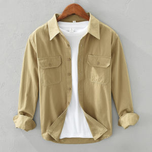 Áo Sơ Mi Nam Dài Tay Mùa Xuân Mùa Thu Cotton Vải Bông Thoải Mái Rộng Rãi Áo Sơ Mi Công Sở Thời Trang Nhiều Túi Vuông Cổ Áo Áo Sơ Mi Điều Trị Không Sắt