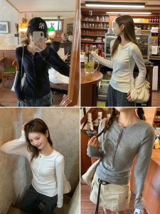 Slim Fit Solid Color T-Shirt Womens V-Neck Long Sleeve Base Shirt Korean Style Comfortable Soft Cotton Autumn New Arrival