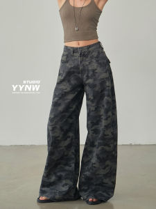 American Style Casual Camouflage Denim Workwear Pants Womens Loose Wide Leg Straight Cut Trousers with Multiple Pockets