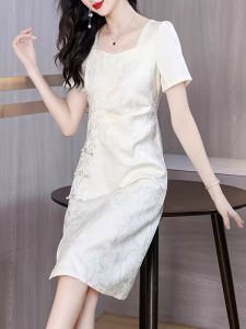 DAIXIANGFEIZI | Silk Satin Womens Dress Short Sleeve Mid-Length