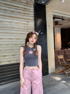 American Retro Spicy Girl Design Star Embroidery Slim Fit Vest Womens Winter Fashionable Versatile Short Sleeve Top