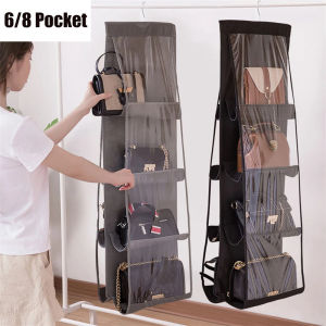 6/8 Pockets Clear Hanging Purse Handbag Organizer Shelf Tote Rack Bag Storage Holder Wardrobe Closets