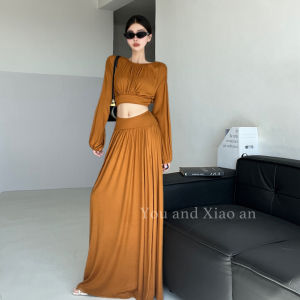 Elegant round Neck Lantern Sleeve Dress Set Womens High Waist Asymmetrical Hemline Full Body Length Fashionable Autumn Outfit