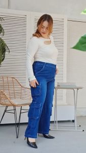Celana Cargo Jeans Panjang Wanita Jumbo Nikita Pinggang Karet Kantong Besar