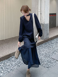 French Style V-Neck Splice Long Dress Womens Autumn New Fashion Slimming Elegant Dress Polyester Fiber A-Line Skirt