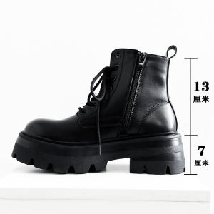 British Style Thick Sole Leather Martin Boots Mens Elevator Wild Side Zipper Machine Boots Fashion Mid-Top Big Head Worker Boot