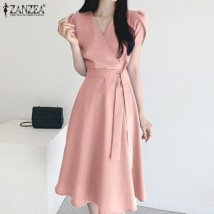 Esolo ZANZEA Korean Style Womens Puff Short Sleeve V Neck Plain Evening Cocktail Fashion Swing Maxi DressKRS #11