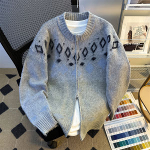 เสื้อสเวตเตอร์คาร์ดิแกนเปิดมีซิปสำหรับผู้ชาย ฤดูใบไม้ร่วง/ฤดูหนาว สไตล์วินเทจ ลายดอกไม้ แจ็คเก็ตถักสำหรับคู่รัก แขนยาว ปกกลม อบอุ่น